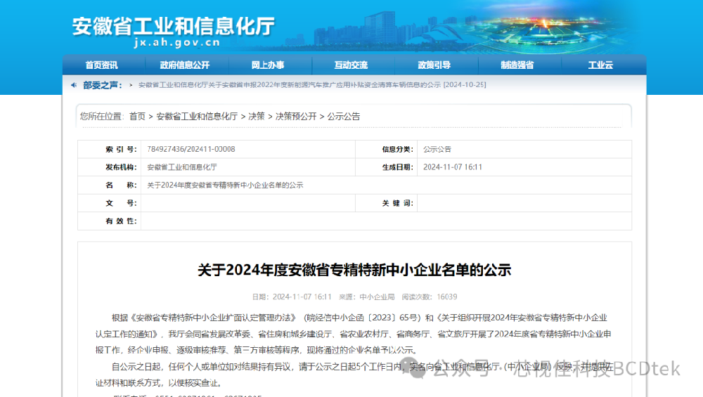 喜報|芯視佳科技通過“2024年度安徽省專精特新中小企業”認定